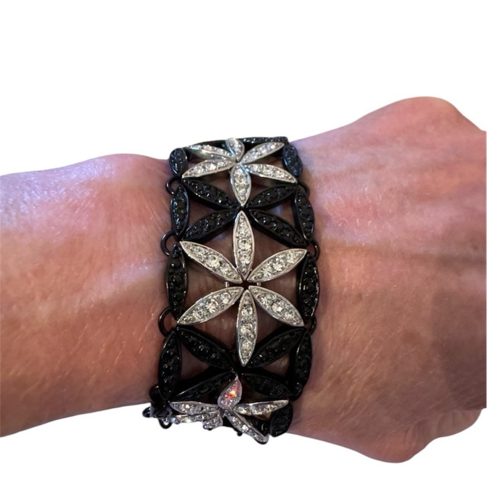 Black & Silver Rhinestone Bracelet Lobster Claw Clasp 7” Length Vintage Stars - Picture 4 of 14
